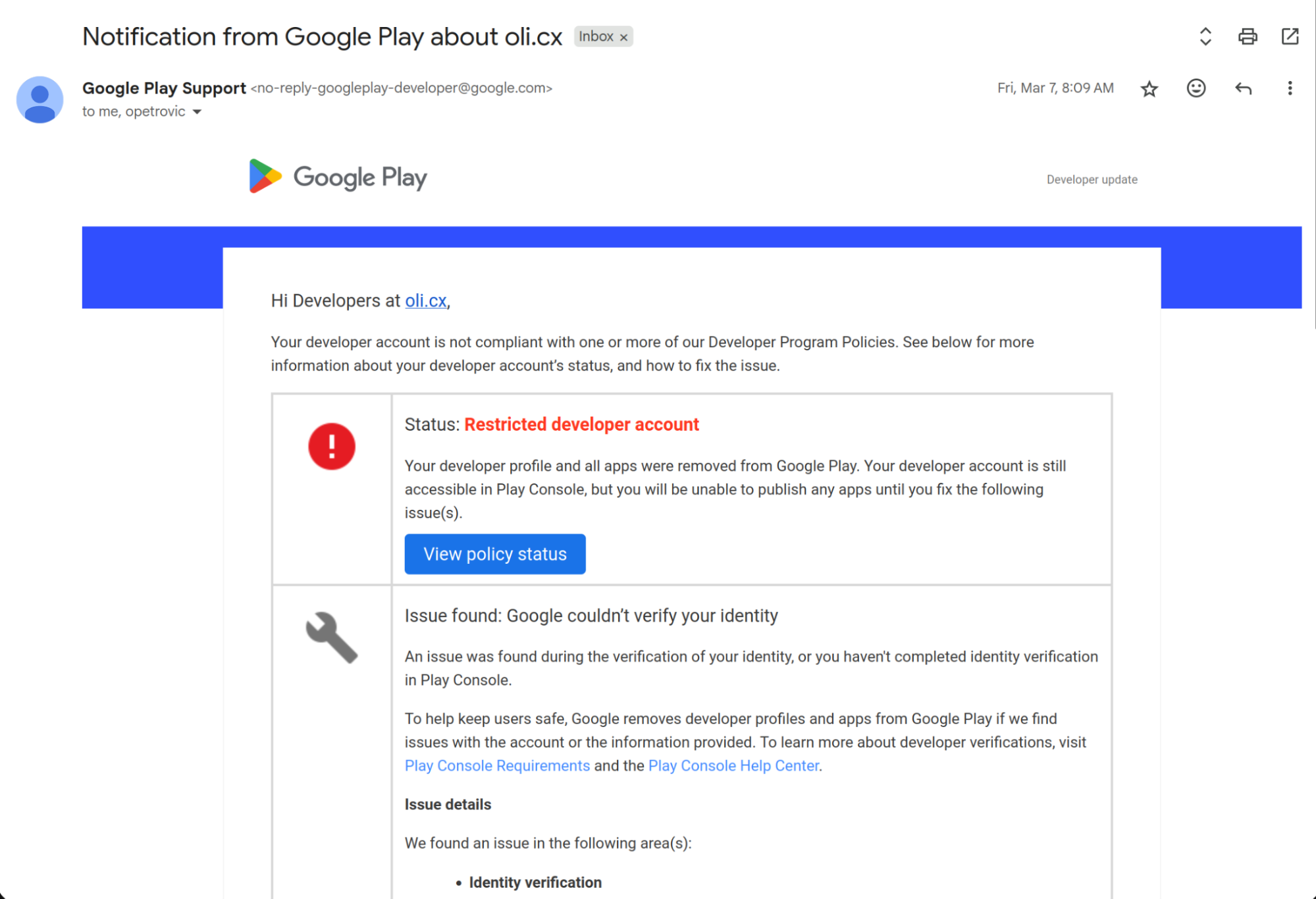 First email notification of a restricted account due to identity verification.