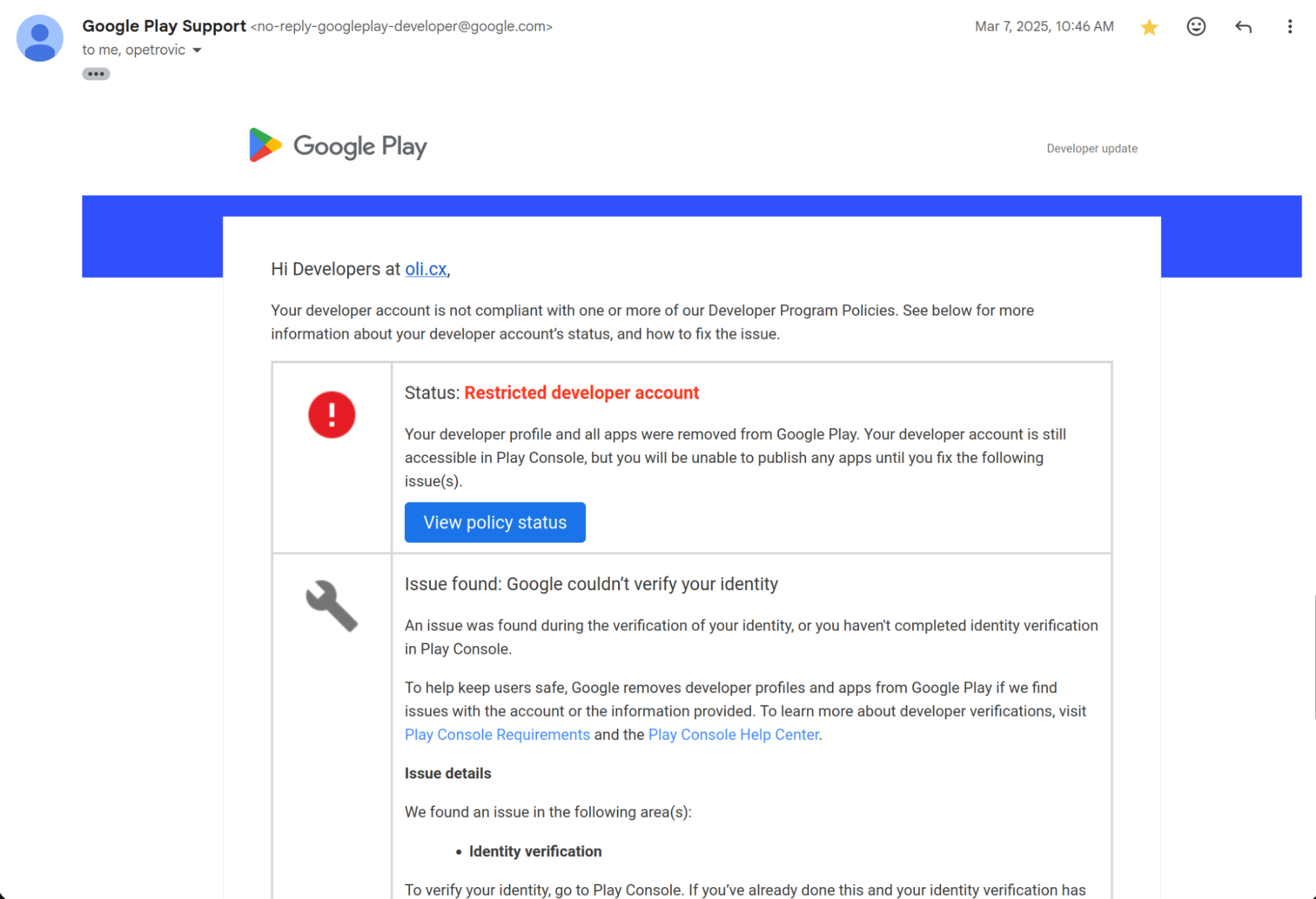 Third email notification of account restriction.