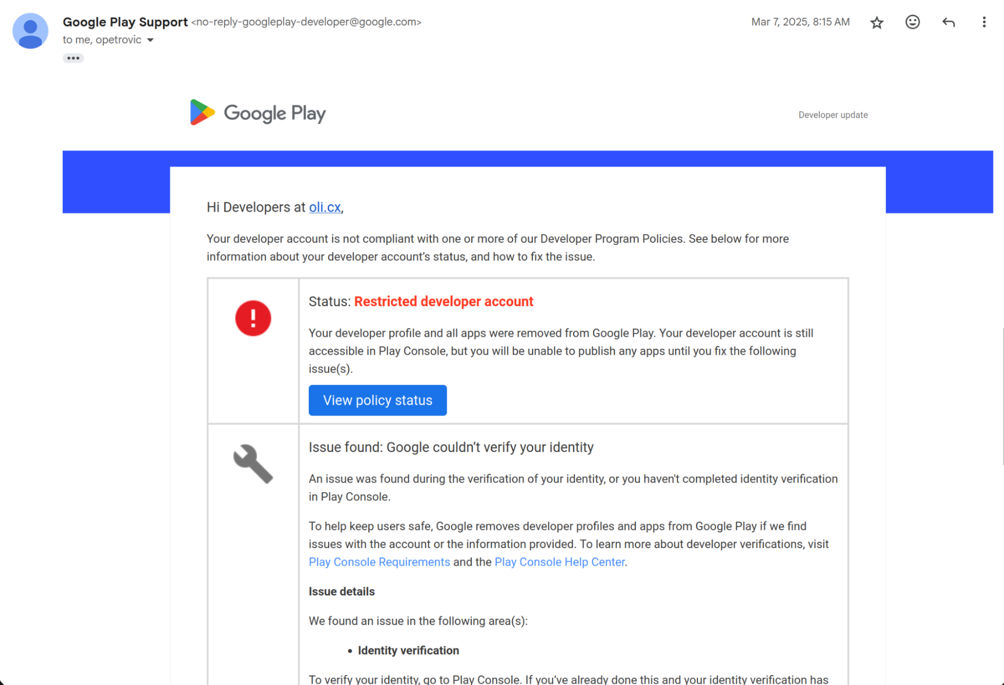 Second email notification of account restriction.