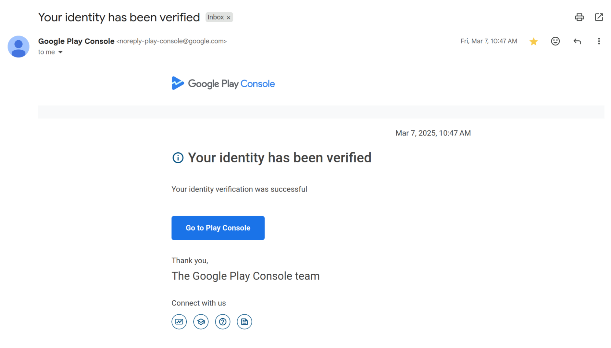 Email confirming identity has been successfully verified.