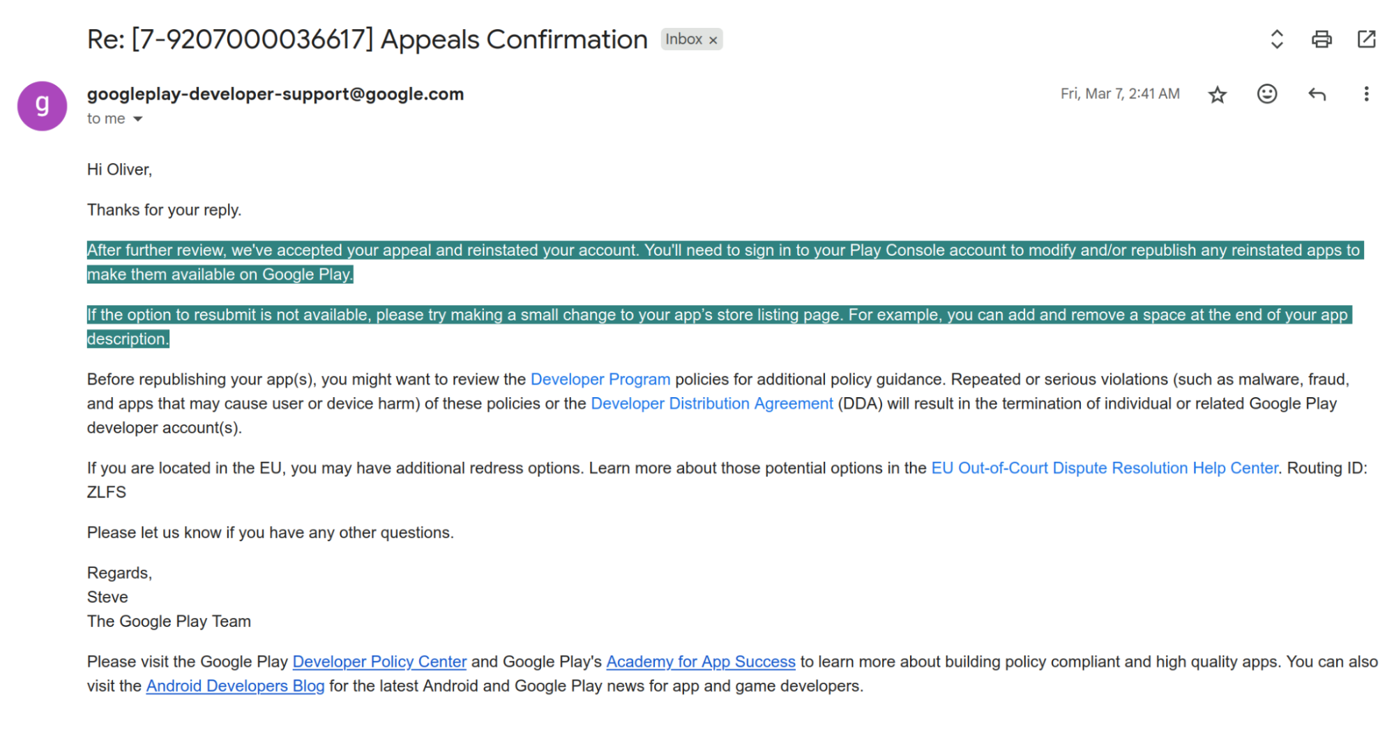 Email confirming Google Play Developer account reinstatement.